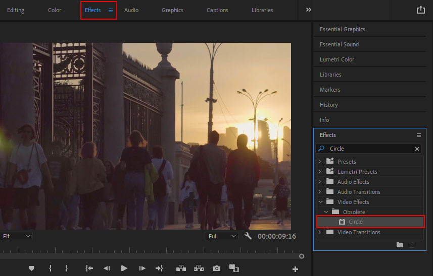 search for circle to create a vignette in adobe premiere