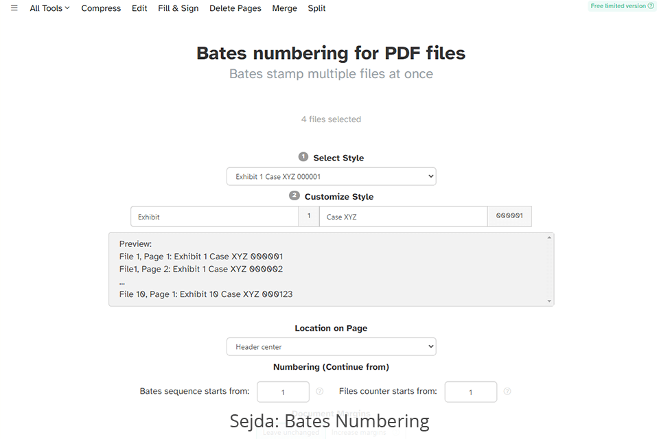 sejda bates numbering