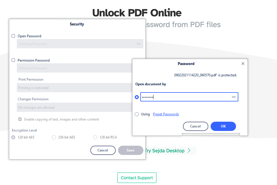 sejda free pdf unlocker interface