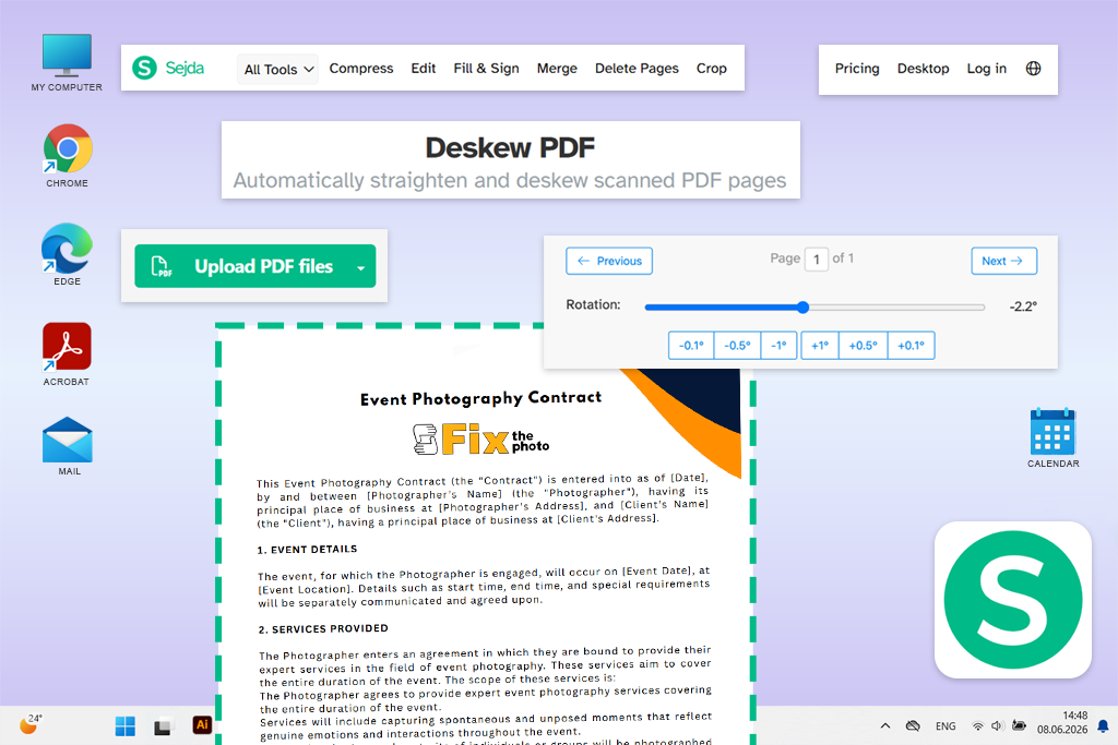 sejda tool to deskew pdf online