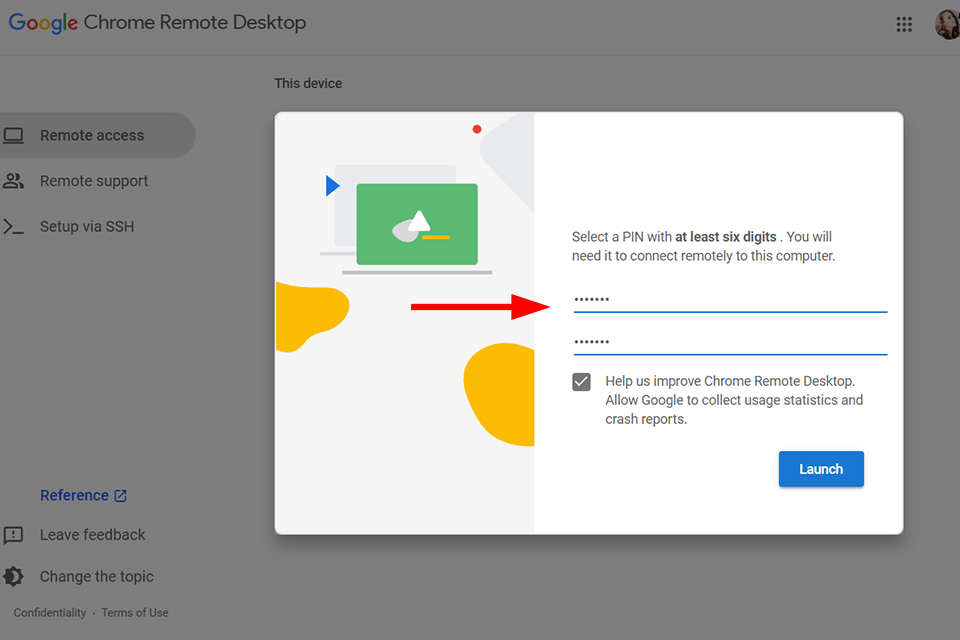 select pin on chrome remote desktop