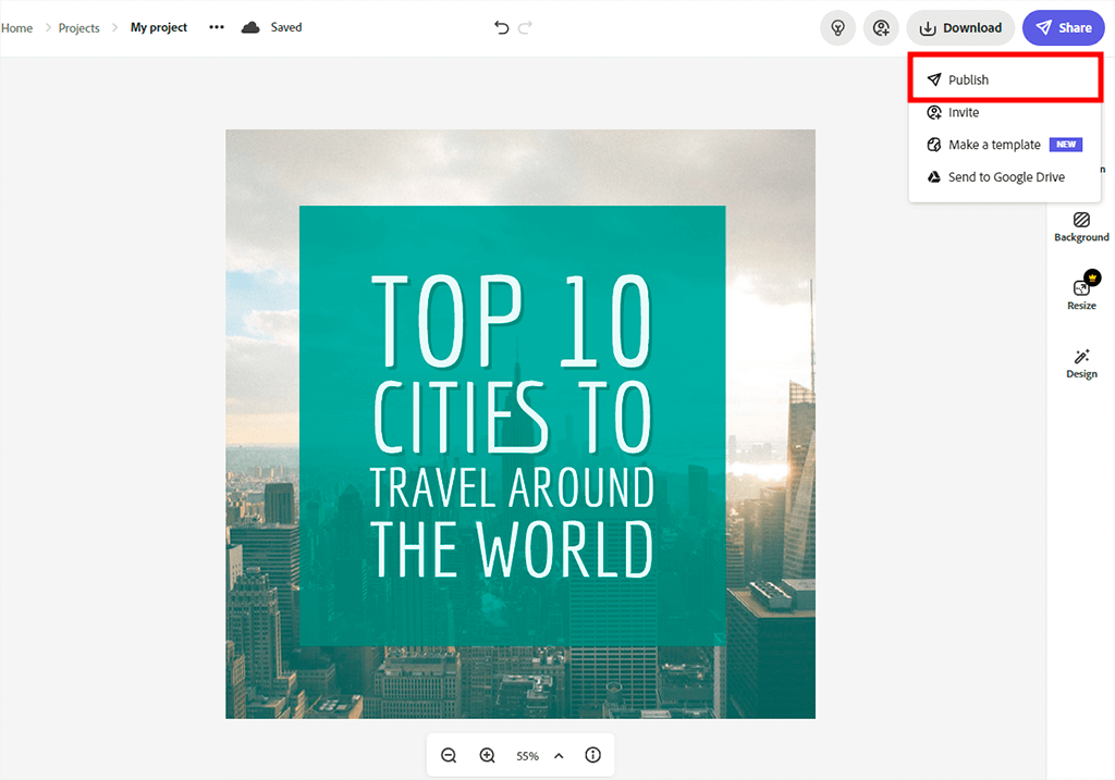 select publish to save instagram post in adobe cc express