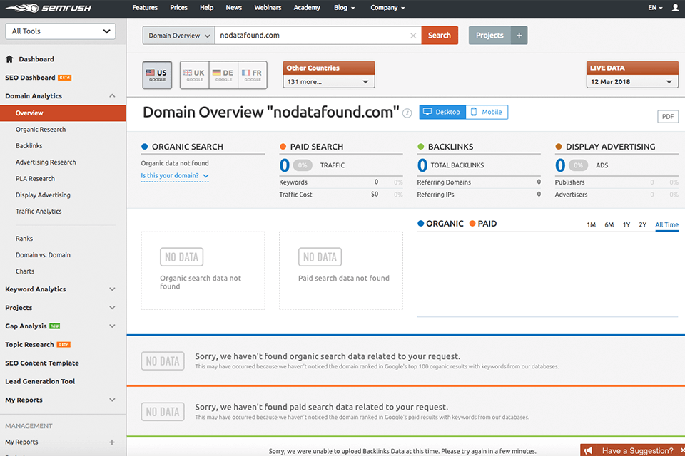 semrush interface website backlink checkers