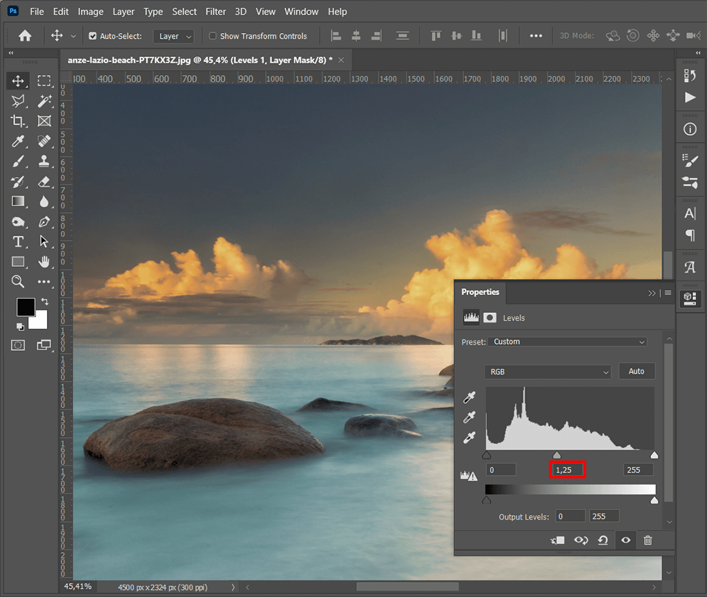 set appropriate parameter values to brighten a photo in photoshop