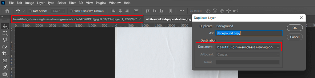 set the destination to move image in photoshop