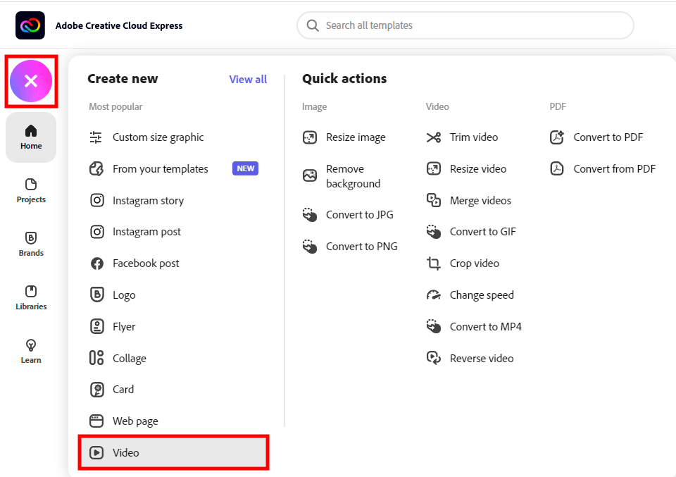 setting up a project to create video in adobe cc express
