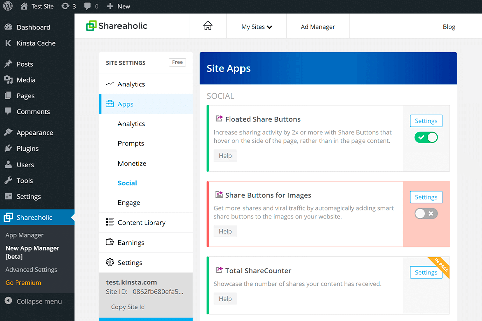 shareaholic wordpress social media plugin interface