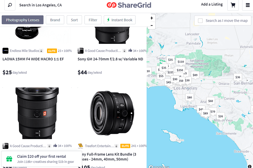 sharegrid video equipment rental options for filmmakers interface