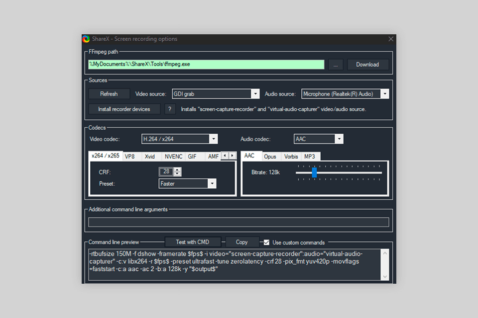 sharex laptop screen recorder interface