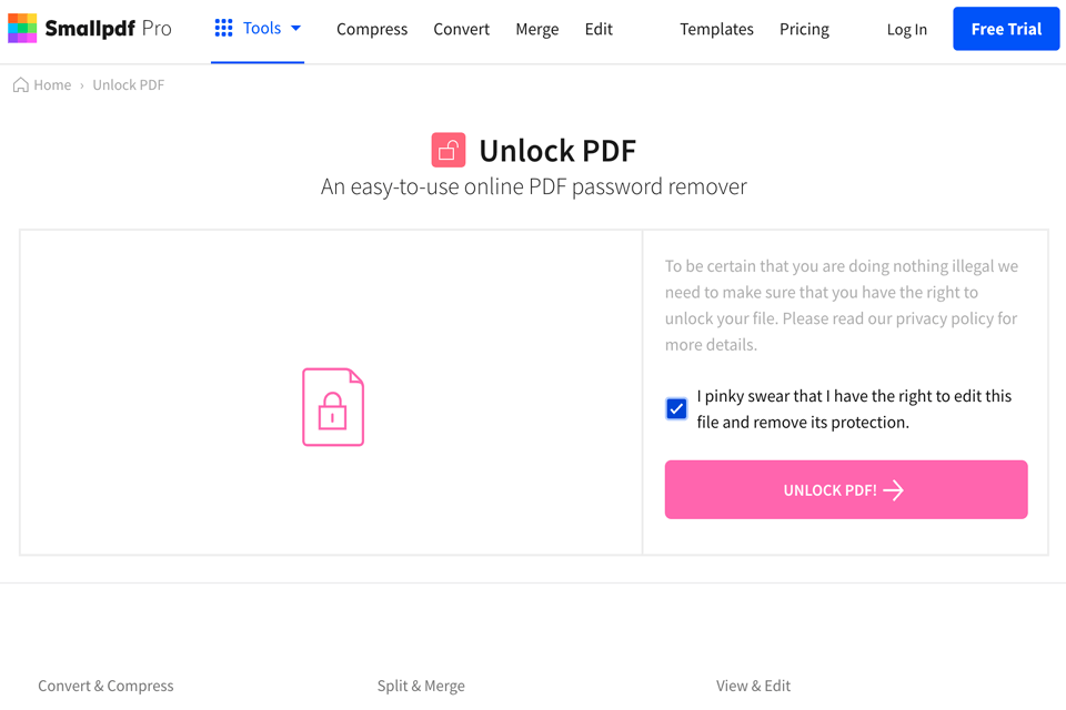 smallpdf free pdf unlocker interface