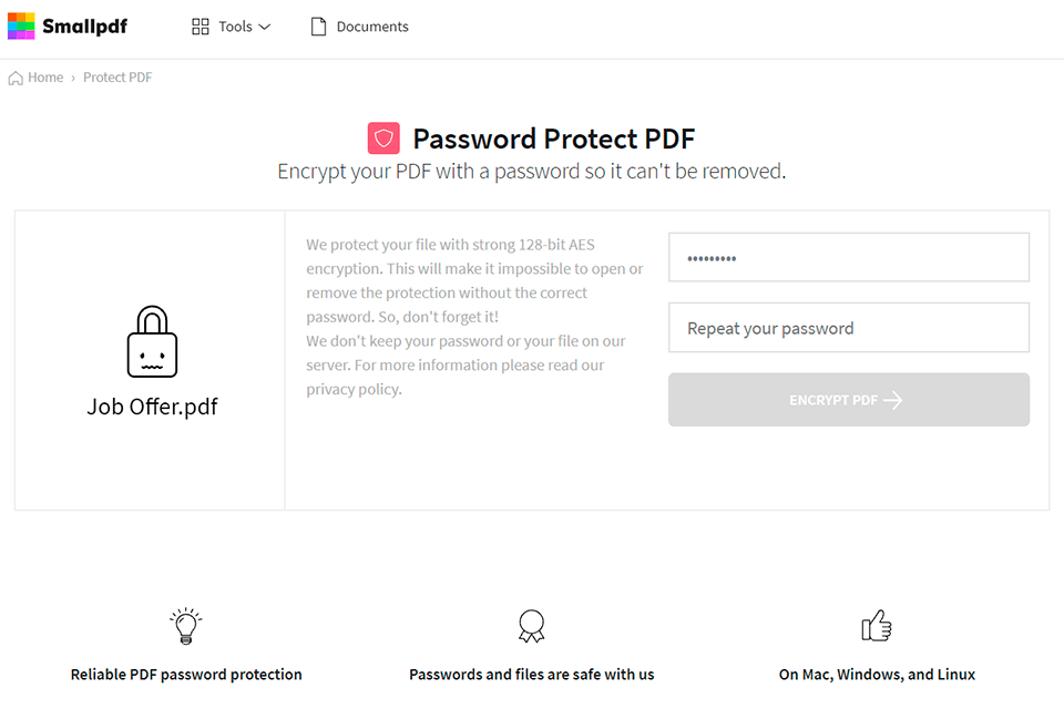 smallpdf pdf locker tool for windows interface