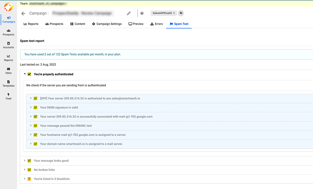 smartreach platform spam test report