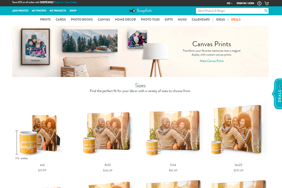 snapfish canvas printing service interface