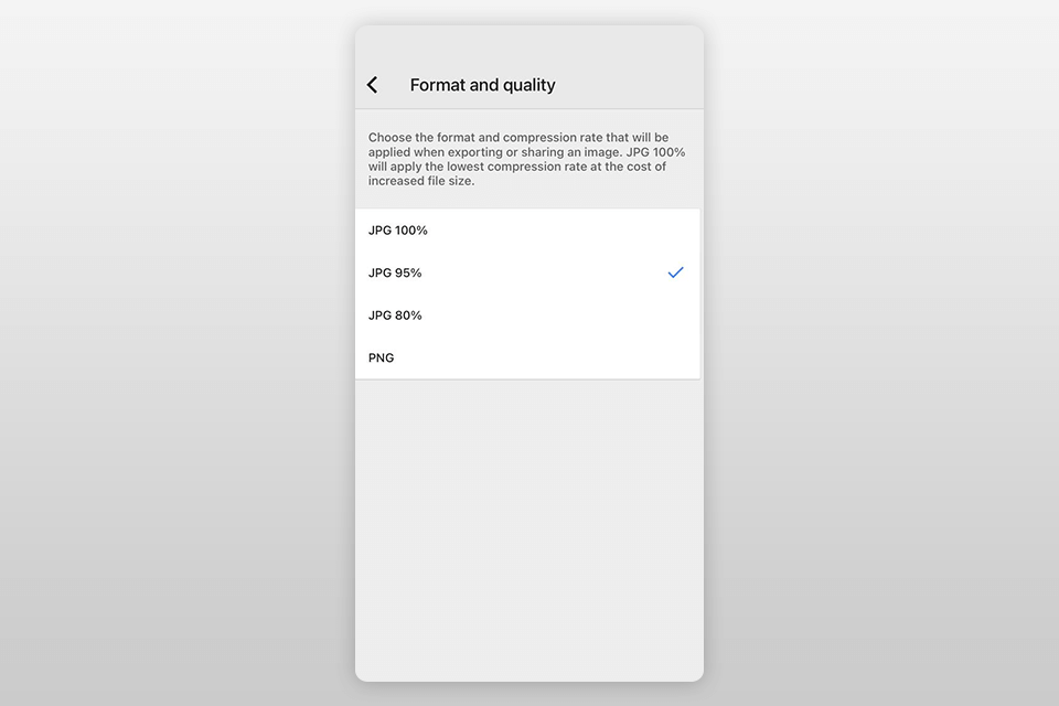 snapseed change format and quality