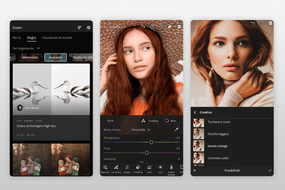 interfaccia di adobe lightroom mobile
