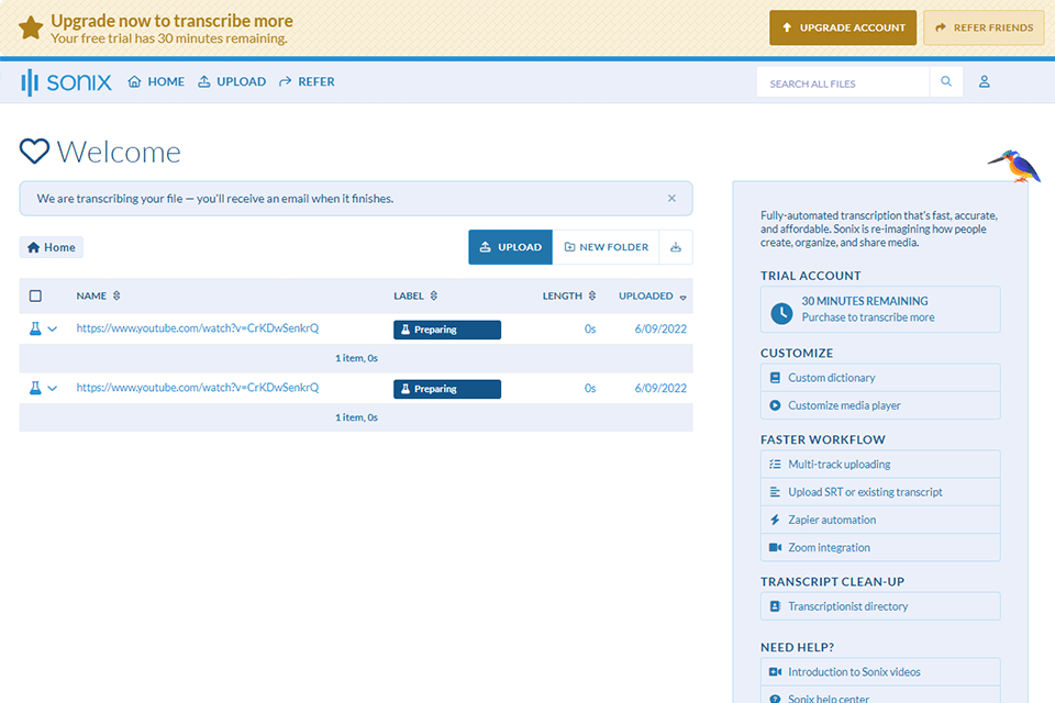 sonix youtube to text converter interface