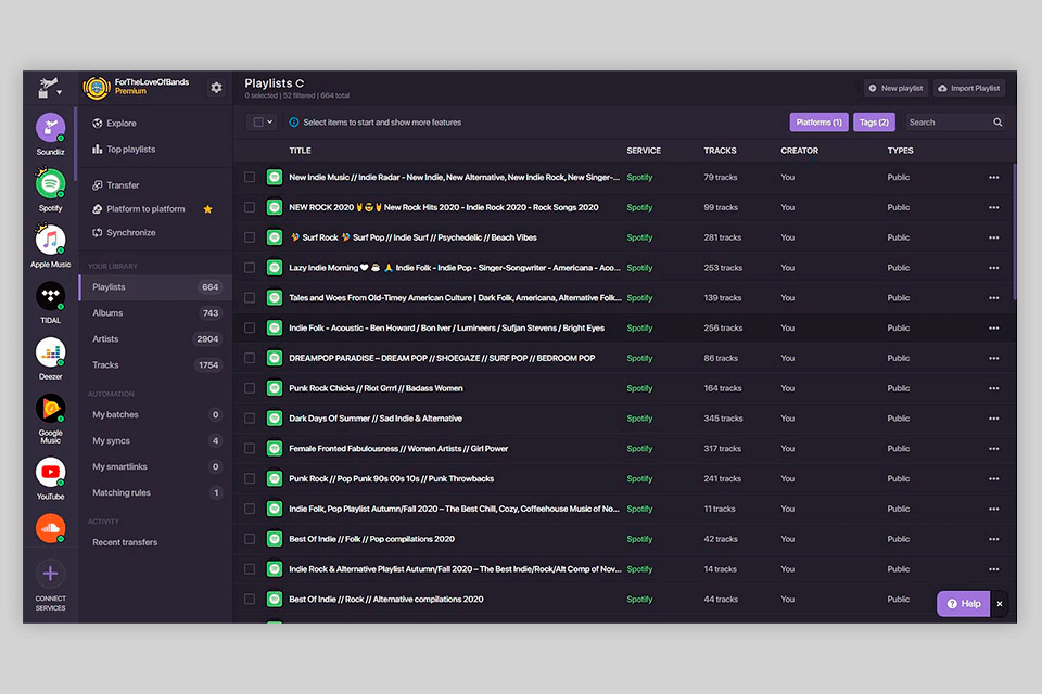 soundiz tool for transferring music playlists interface
