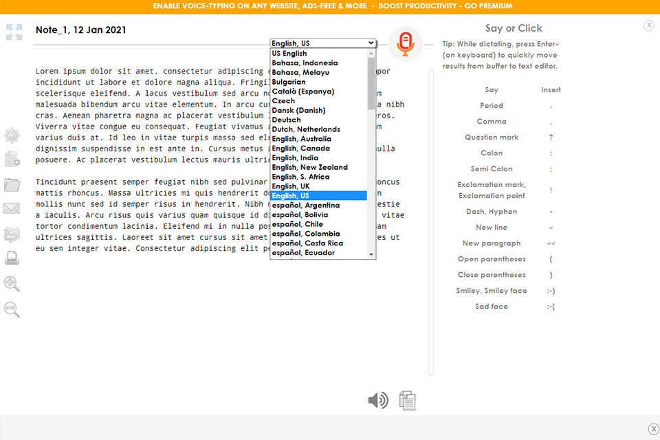speechnotes interface