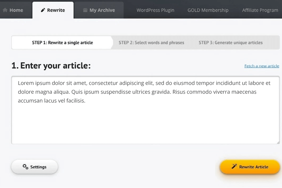 spin rewriter paraphrasing software interface