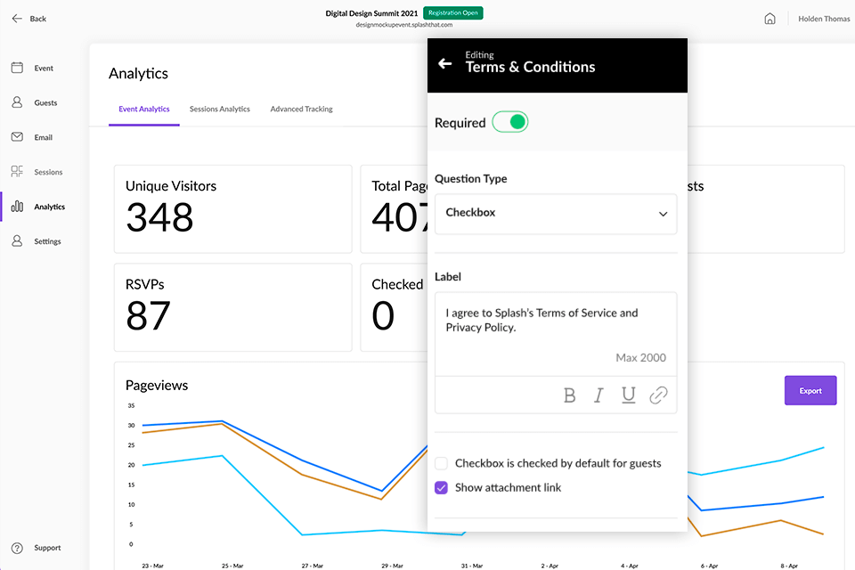 splash event planning tool interface