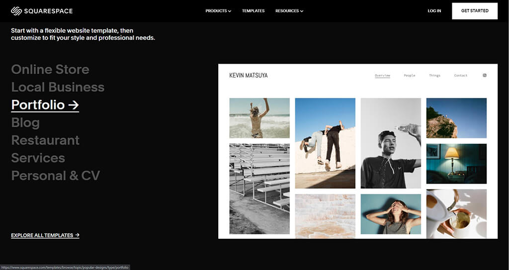واجهة منشئ موقع محفظة Squarespace