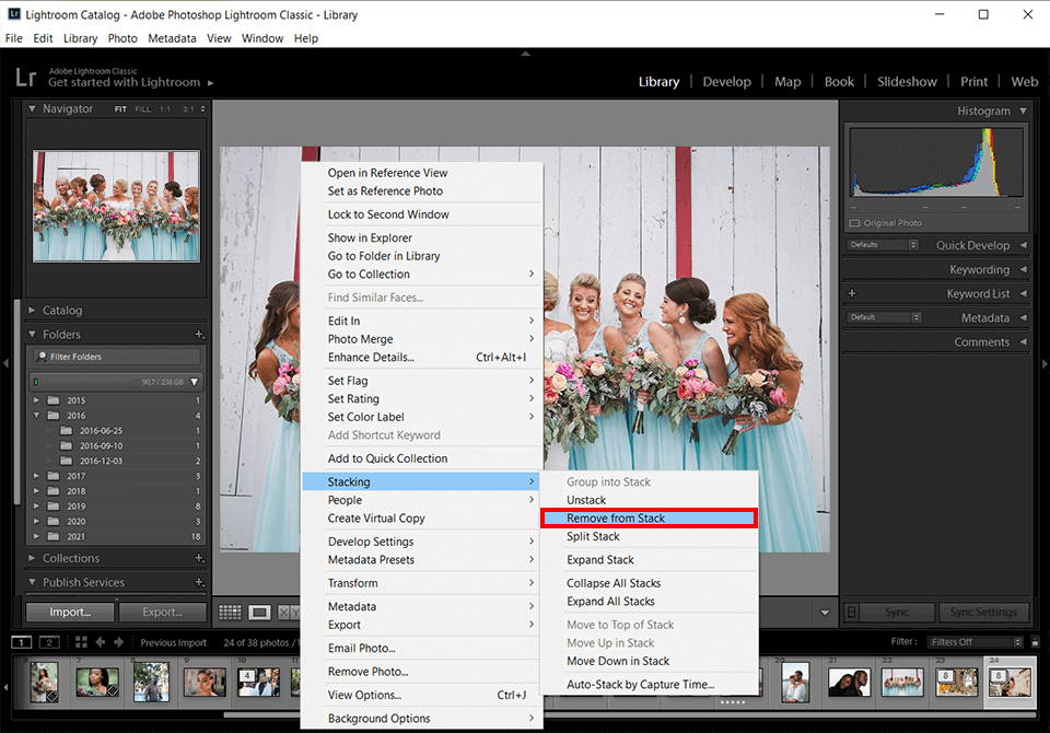 remove stack photos in lightroom