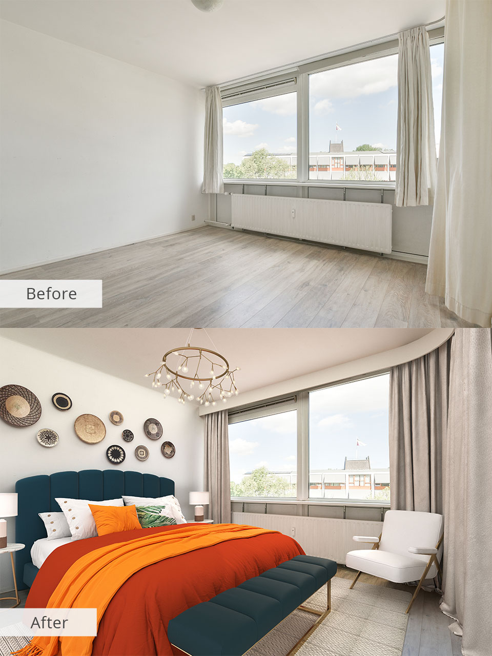 staged homes before and after photos with accent color