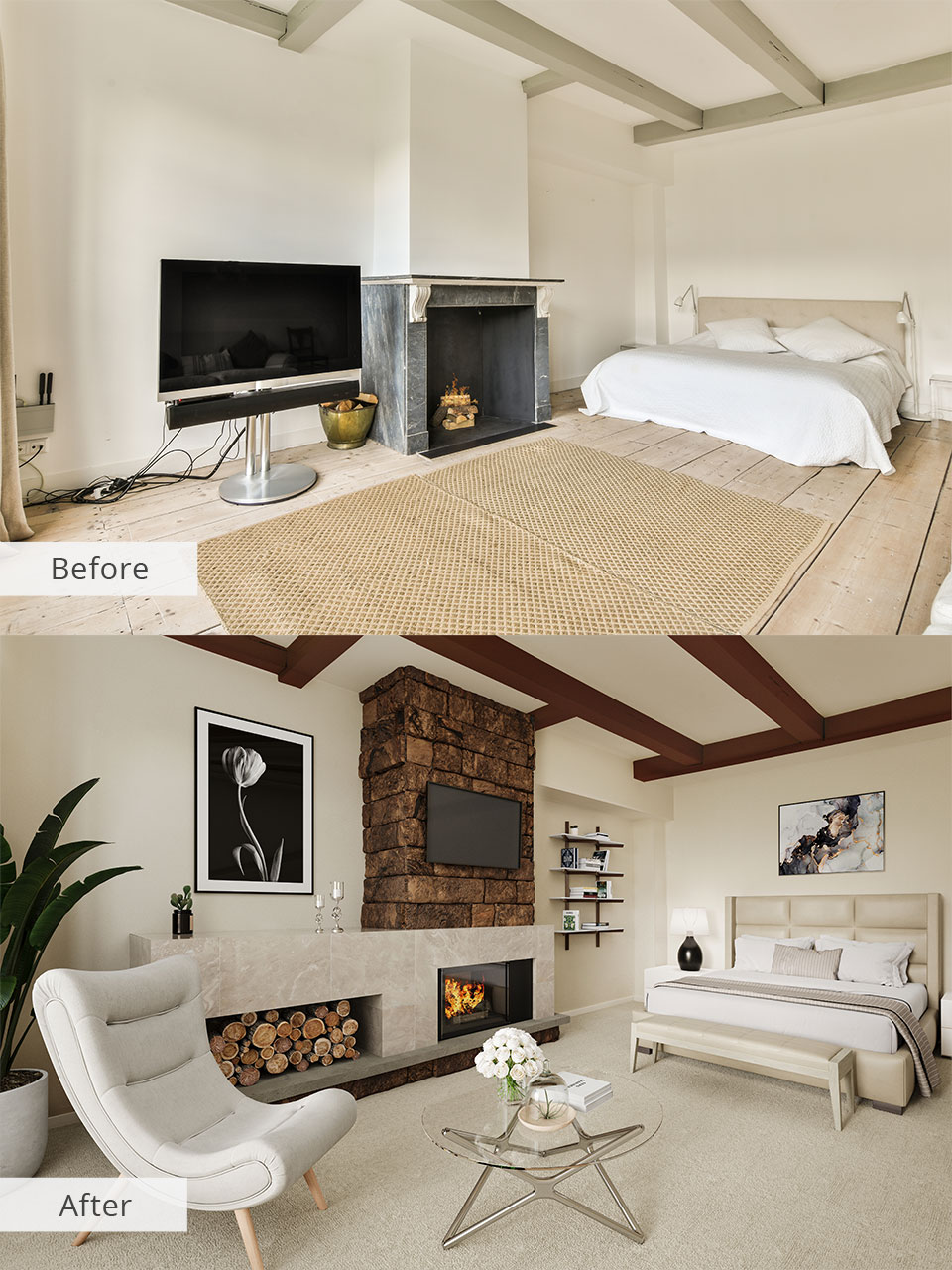 staged homes before and after photos with minimalistic decor