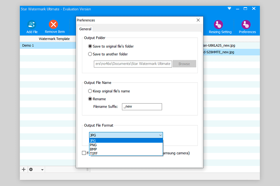 star watermark software export settings