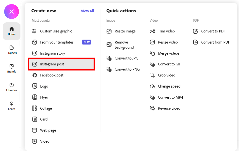 starting a project to create instagram post in adobe cc express