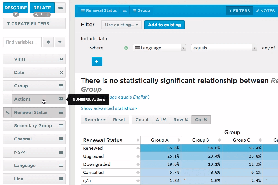 statwing statistical analysis software interface