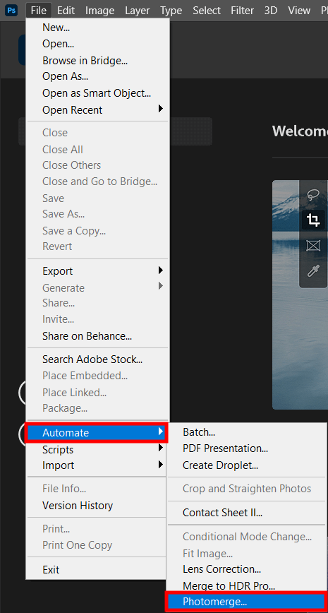 stitching photographs in photoshop photomerge
