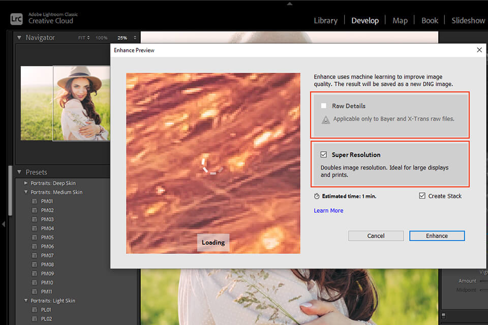 ميزة الدقة الفائقة adobe lightroom