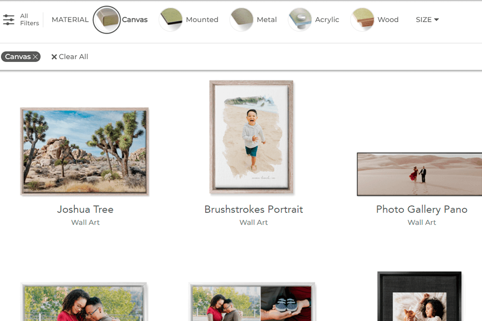 shutterfly canvas printing service interface
