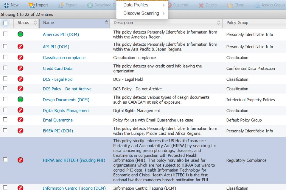 symatec dlp data loss prevention software interface