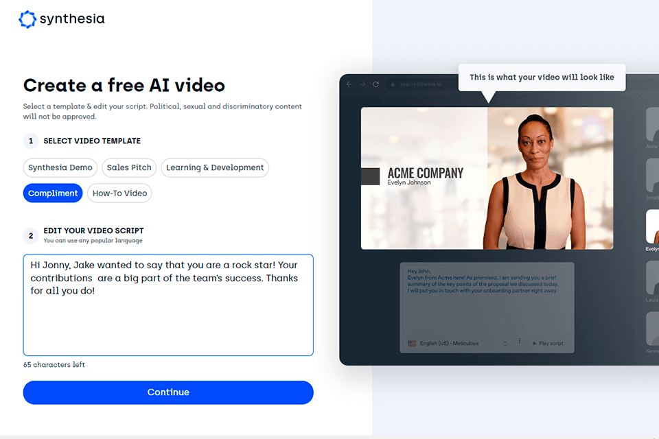 synthesia generative ai tool interface
