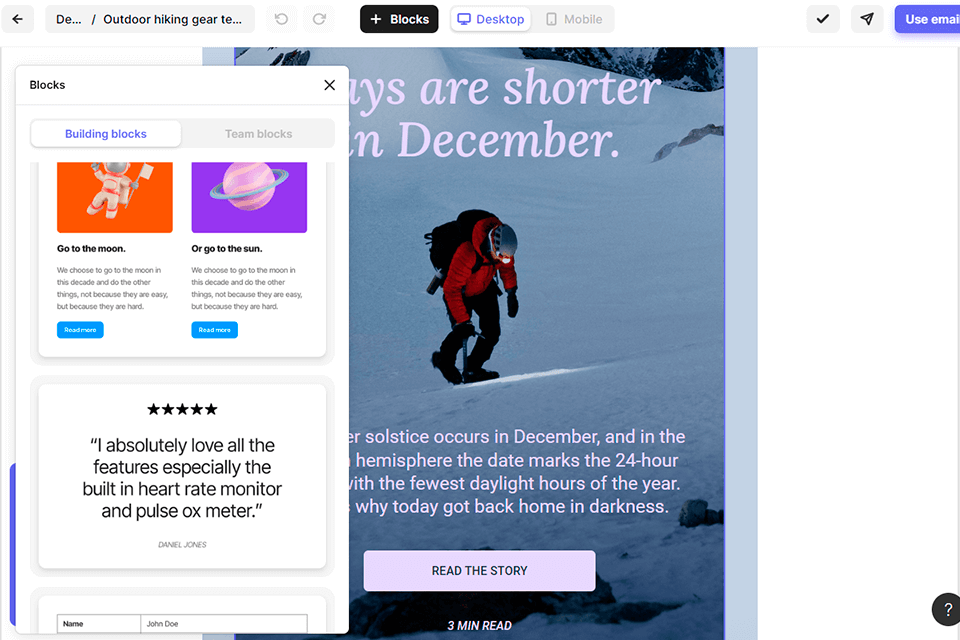 tabular email template builder interface