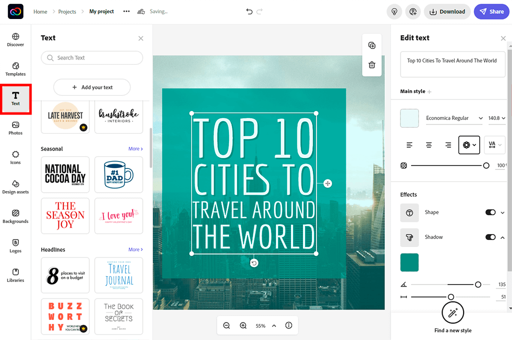 tap design to customize to create instagram post in adobe cc express