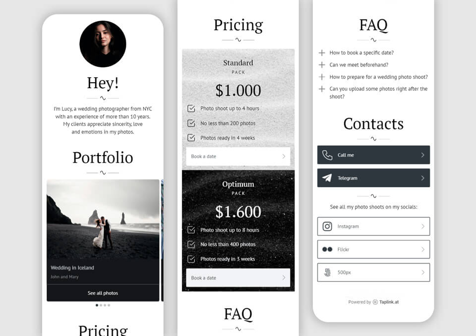 taplink portfolio website builder interface