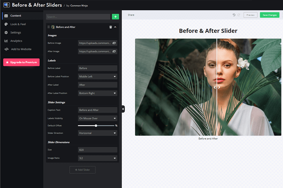 the before and after slider app effects