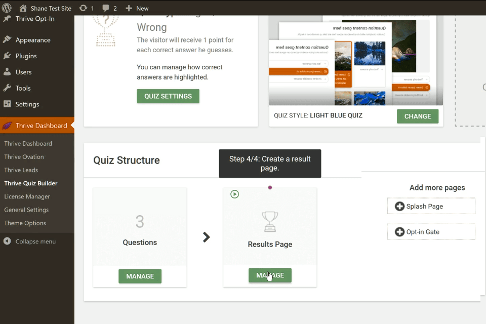 thrive quiz builder interfaz del creador de cuestionarios en línea