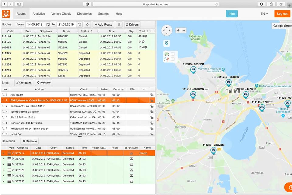 track-pod delivery management software dashboard