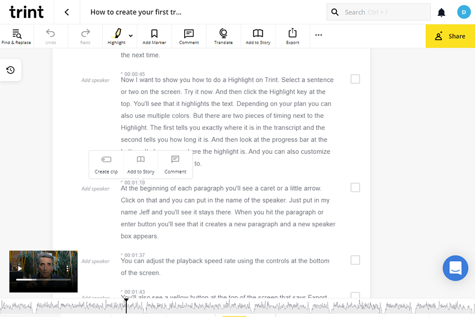 trint youtube to text converter interface
