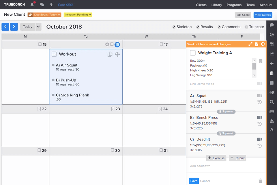 truecoach personal trainer software interface