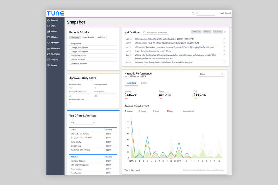 tune affiliate marketing software interface