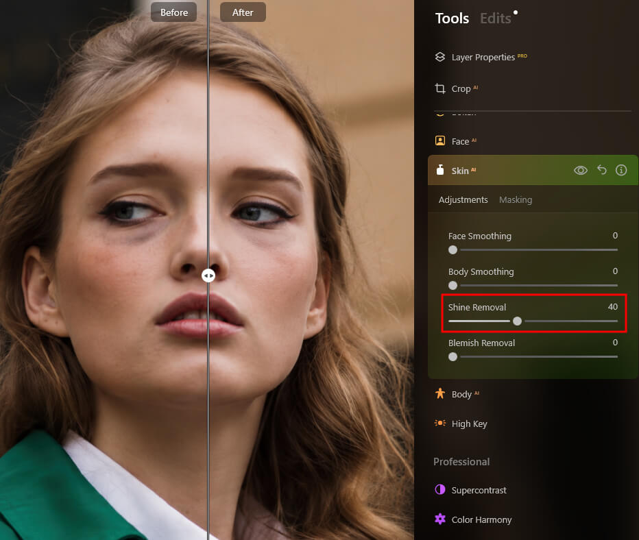 luminar neo tutorial to remove dark circles under eyes shine removal slider