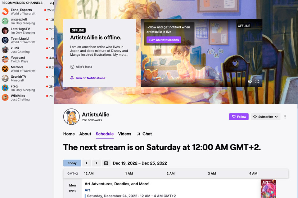 twitch social media for artists interface
