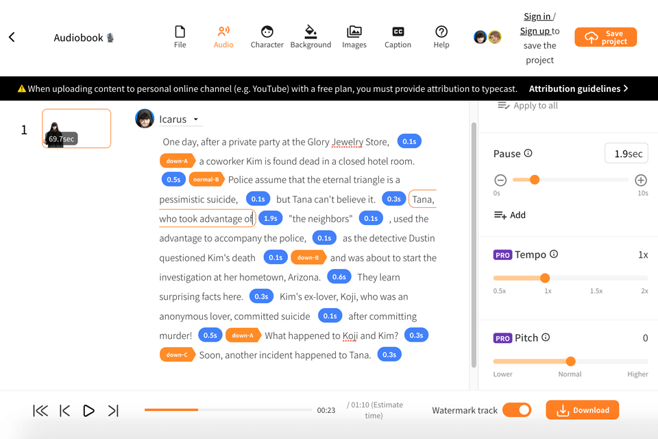 typecast text to speech converter interface