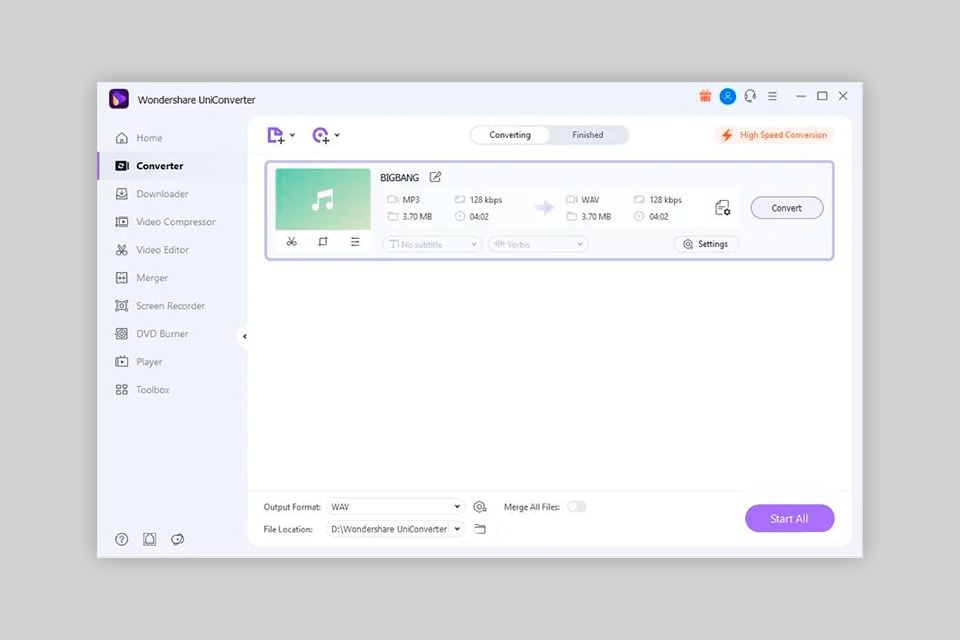 uniconverter free youtube to wav converter interface
