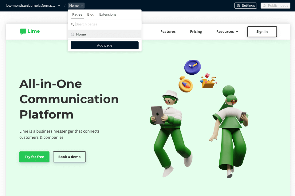unicorn platform interface example
